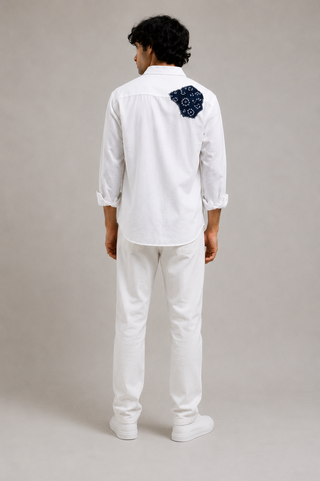 Hand-Stitched Indigo Patch Shirt - White