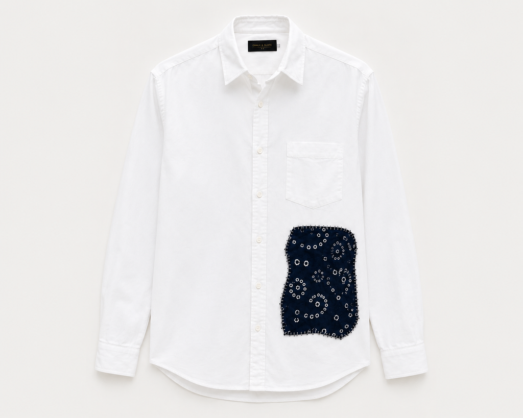 Hand-Stitched Indigo Patch Shirt - White