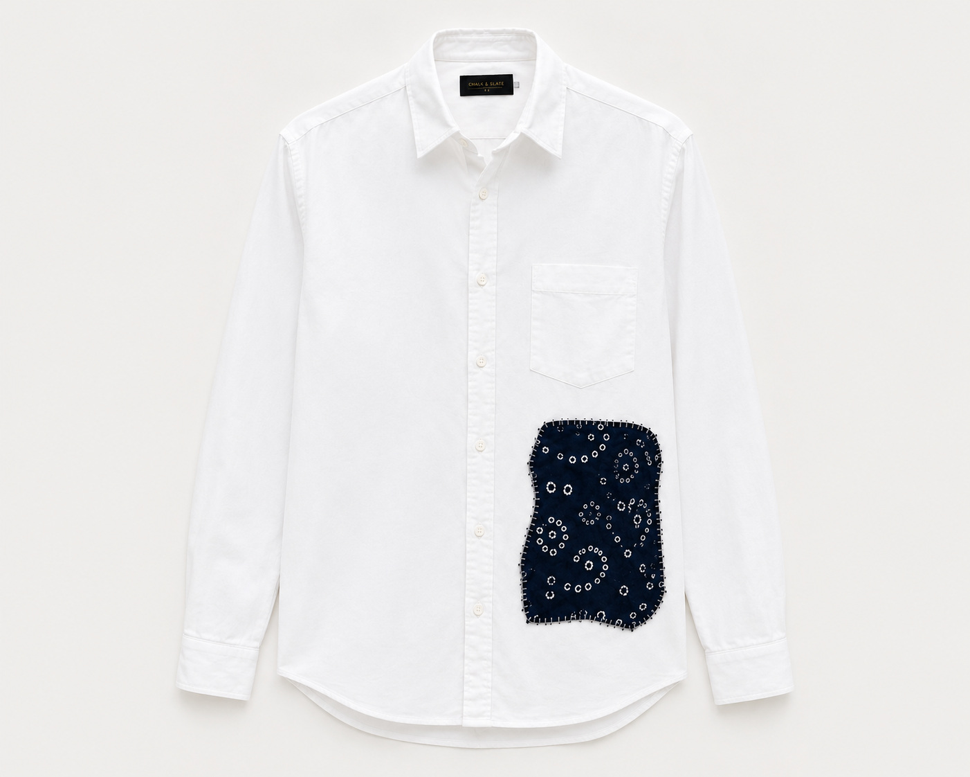 Hand-Stitched Indigo Patch Shirt - White
