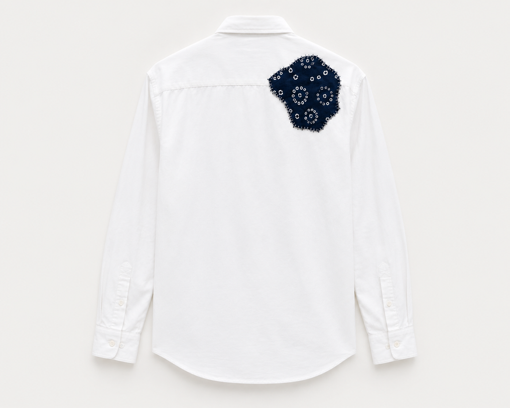 Hand-Stitched Indigo Patch Shirt - White