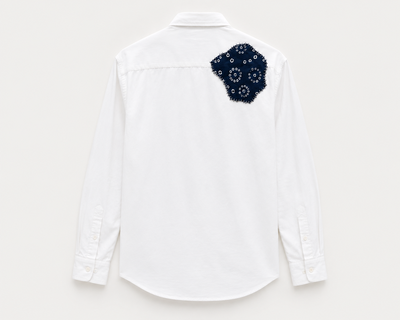 Hand-Stitched Indigo Patch Shirt - White