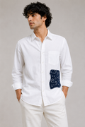 Hand-Stitched Indigo Patch Shirt - White