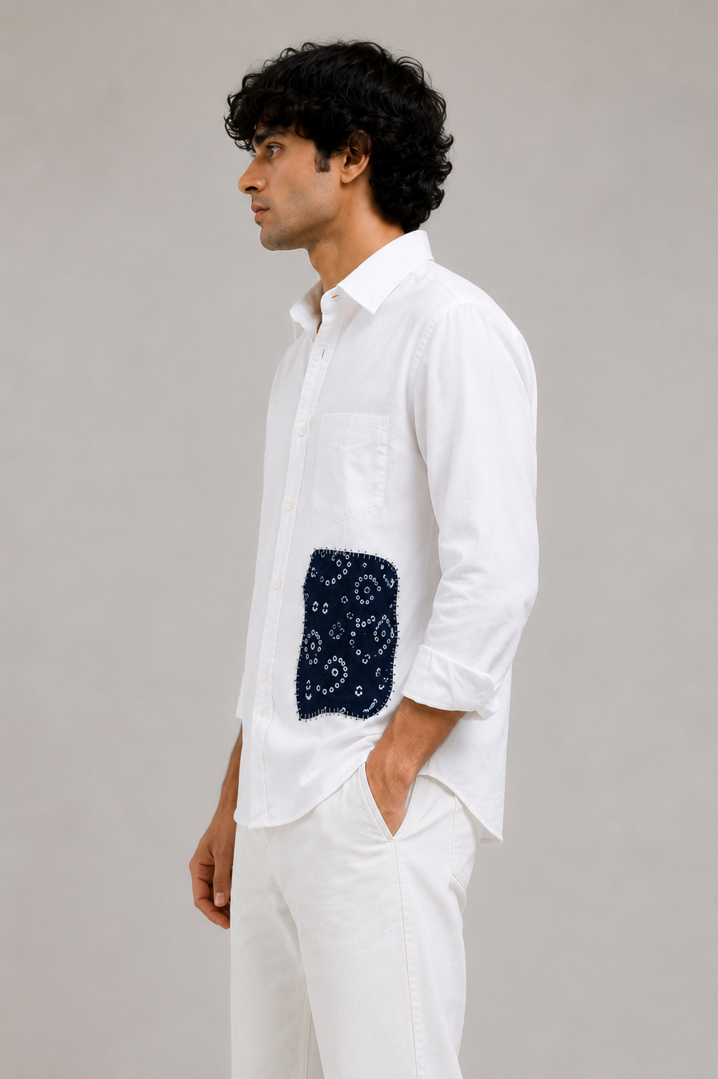 Hand-Stitched Indigo Patch Shirt - White