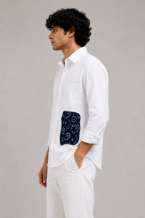 Hand-Stitched Indigo Patch Shirt - White